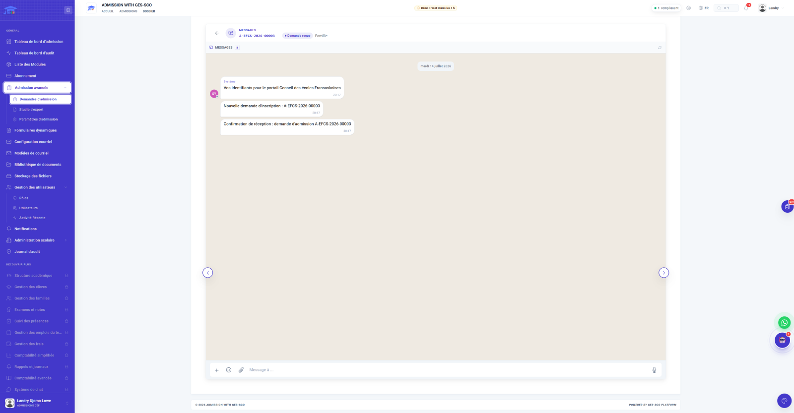 Écran, messagerie du dossier