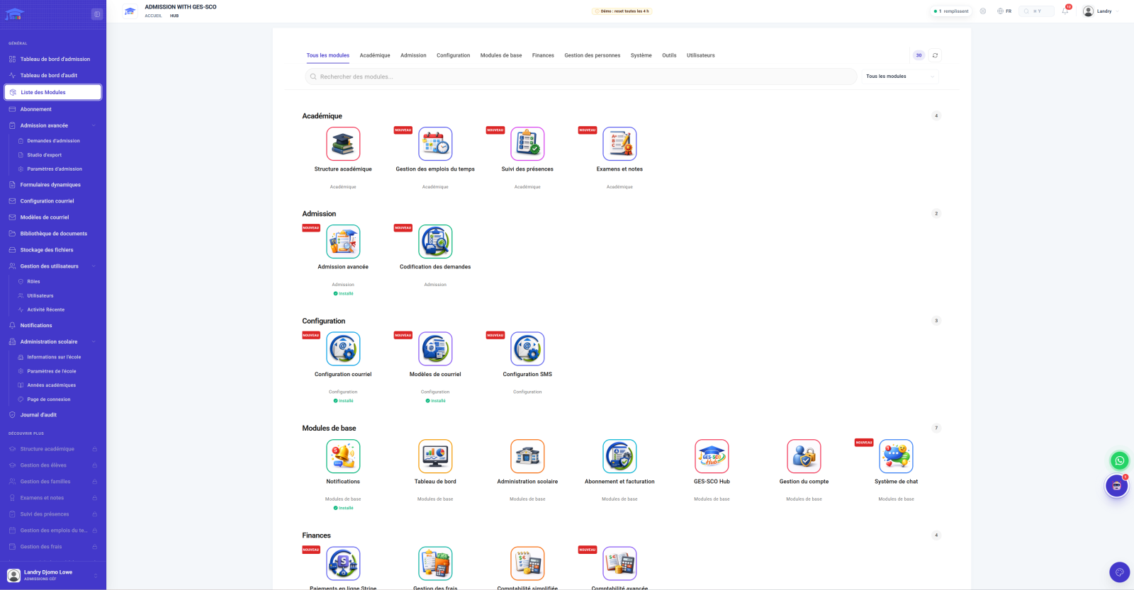 Écran, catalogue de modules GES-SCO