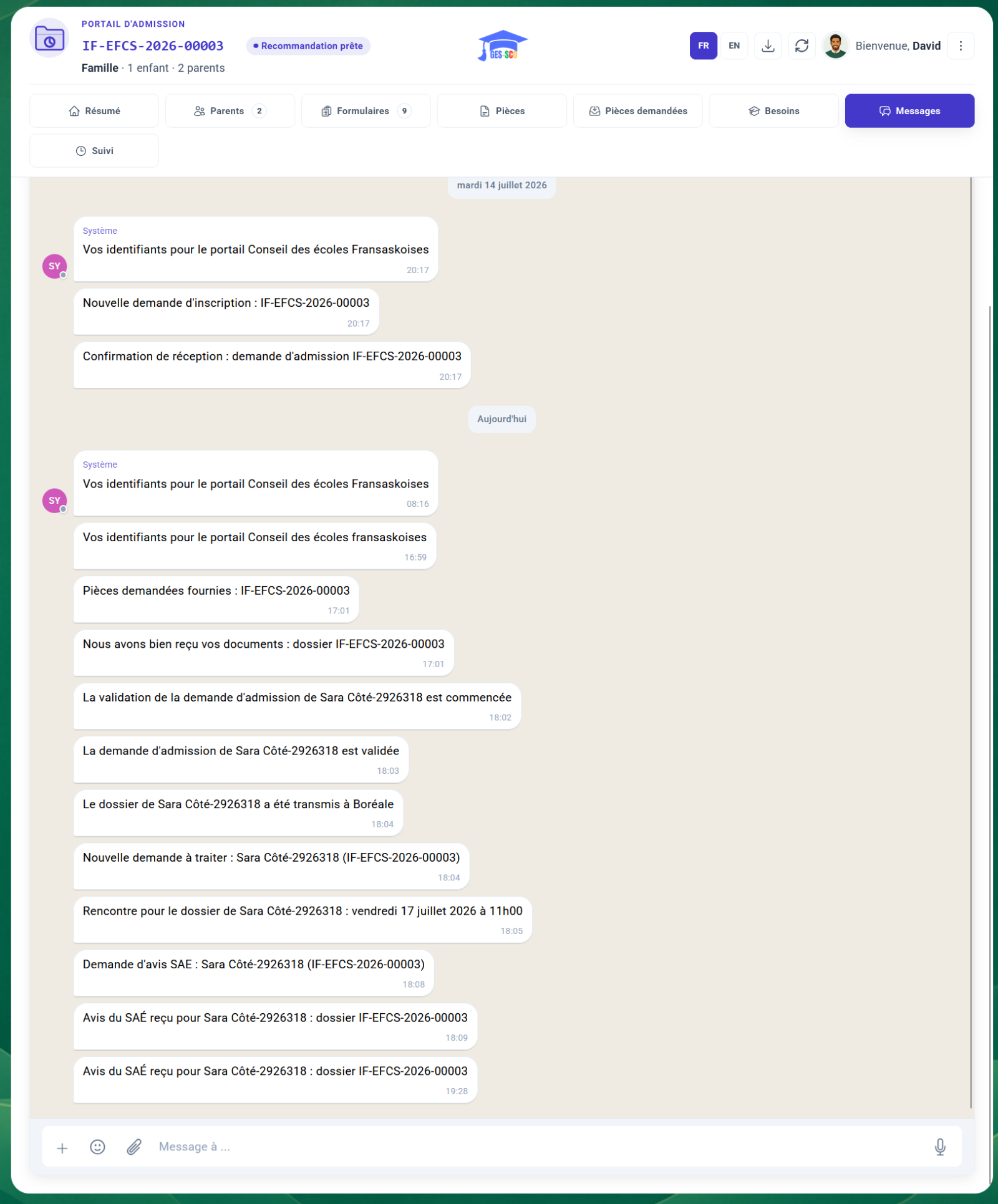 Portail, messages
